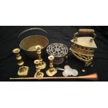 Brass and metalwares. Large jam pan, horn,candlesticks, Trivets,hinged coal iron.