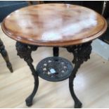 A Victorian cast iron pub table, having a mahogany circular top, the table inscribed 'Leicester',