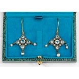 A pair of silver gilt blue topaz and pearl drop earrings, comprising a quatrefoil of round blue
