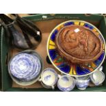 A collection of studio glass, Poole bowl, pie dish, Copeland, Spode plus Spode blue and white