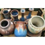 A collection of Danesby ware for Bourne Denby, blue and brown matt ground in pair of candlesticks,