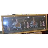 An Indian hand painted silk panel depicting native scene with warriors and elephants, late 20th