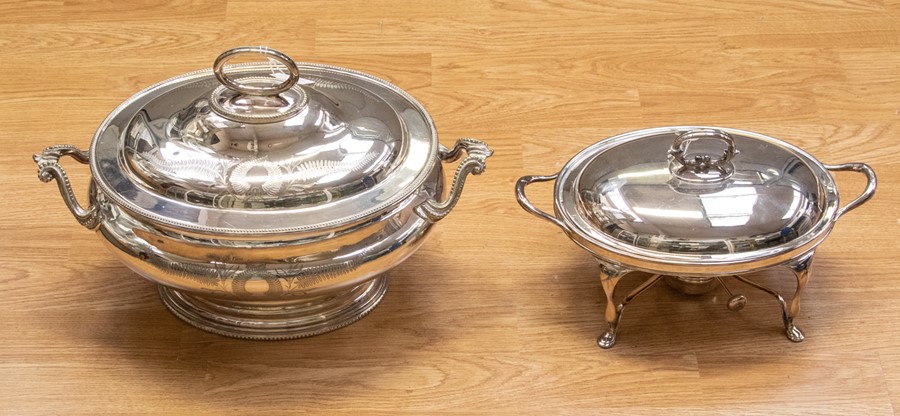 A late 19th/early 20th Century silver plated tureen and cover, of two handled form, together with