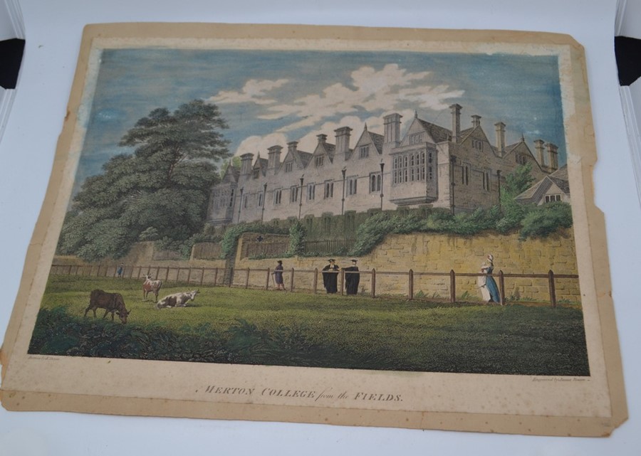 Three various etchings to include; inside view of the east end of Merton College Chapel, engraved by