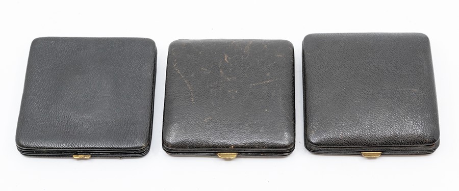 Three leather cased travel clocks, the eight day 'pocket watch' movements in square cases, 10.5cm ( - Image 2 of 2