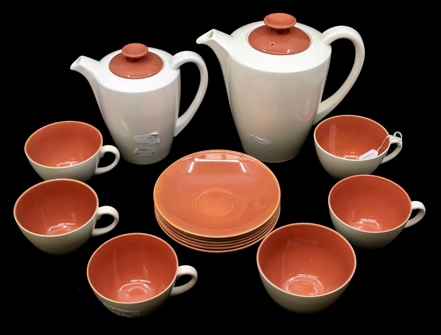 A mid century Poole pottery coffee set, pink and cream colour, AF