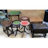 A collection of furniture comprising three tripod wine tables, two small oak drop leaf coffee