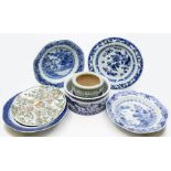 Chinese blue and white dishes to include; planter, bulb bowl, Famille Verte dish