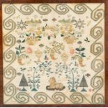 A Georgian silk and linen needlework sampler, Jane Matthews, undated, worked with flowering