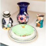 A collection of mixed ceramics to include character jugs, vases, plates and Moorcroft vase, all