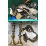 A collection of metal wares including a pair of late Victorian brass beehive candlesticks, a 19th