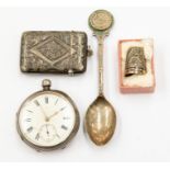 A collection of silver ware comprising a Victorian 1885 gents pocket watch, a late Victorian