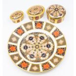 Royal Crown Derby 1128 Imari pattern  medium plate along with three pin dishes. Plate 2nd quality,