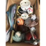 A box of assorted ceramics including bulb planter, deco style figurine etc.