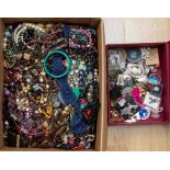 A box of assorted costume jewellery, including turquoise bead necklace, etc, and a box of further