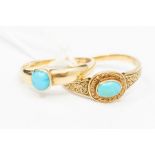 Two early 20th century turquoise rings to include an oval set turquoise within an engraved border,