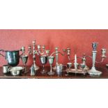Quantity of plated table to include: candelabrum, jugs etc makers include Mappin and Webb, Falstaff,