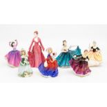 Royal Doulton miniature figures including; Elaine HN3247, Kirsty HN3246, Autumn Breezes HN2180,