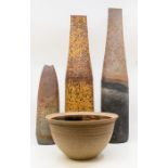 Studio pottery. Three contemporary ash glazed vases, signed 'C' and a stoneware bowl by another