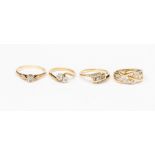 A collection of 9ct gold and diamond set dress rings, to include a two stone ring, diamond