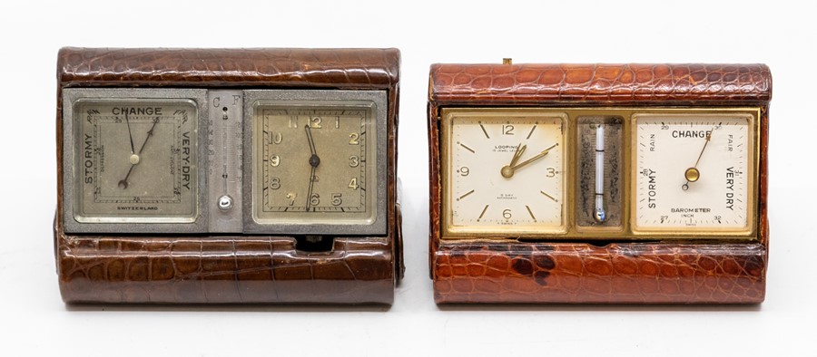 Two crocodile cased travel clock barometers, the first by Looping, the Swiss eight day alarm