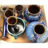 A collection of Danesby Ware for Bourne Denby blue gloss ground with brown and green trim, including