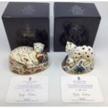Royal Crown Derby: two paperweights Lion Cub and Leopard Cub. Both with gold stoppers, boxed with