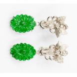 A pair of 18ct white gold, diamond and jade drop earrings, comprising white gold tops in the for, of