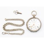 H E Peck London Swiss Made silver cased open faced pocket watch, white enamel dial, Roman