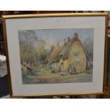 F B Jowett (1879-1943)  Women and child in cottage scene watercolour, 43 x 58cm signed lower left