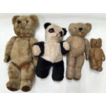 Vintage bear collection: 20” jointed with felt pads, 16” jointed glass eyes, 16” Panda by Deans