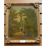 A pair of early 19th Century oil on boards, one depicting a lady with a basket and a church in the