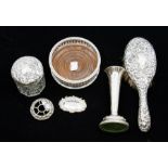 A group of silver to include silver mounted hairbrush, toilet bottle and silver cover and Modern