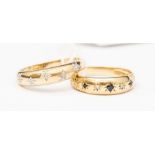 Two 9ct gold rings, one star set with sapphire and diamond details the other star set with  diamond,