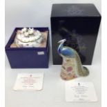 Royal Crown Derby: Peacock paperweight and Queen Elizabeth floral box. Gold stopper, boxed with
