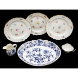 A collection of 20th Century Meissen blue and white fruit dish, cream jug and a cup along with three