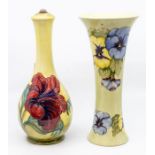 Moorcroft lamp, body only, along with a Moorcroft vase (AF) yellow ground, lots of crazing present