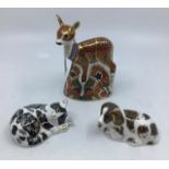 Royal Crown Derby: three paperweights Fawn, Misty and Scruff. All gold stoppers, no boxes. All in