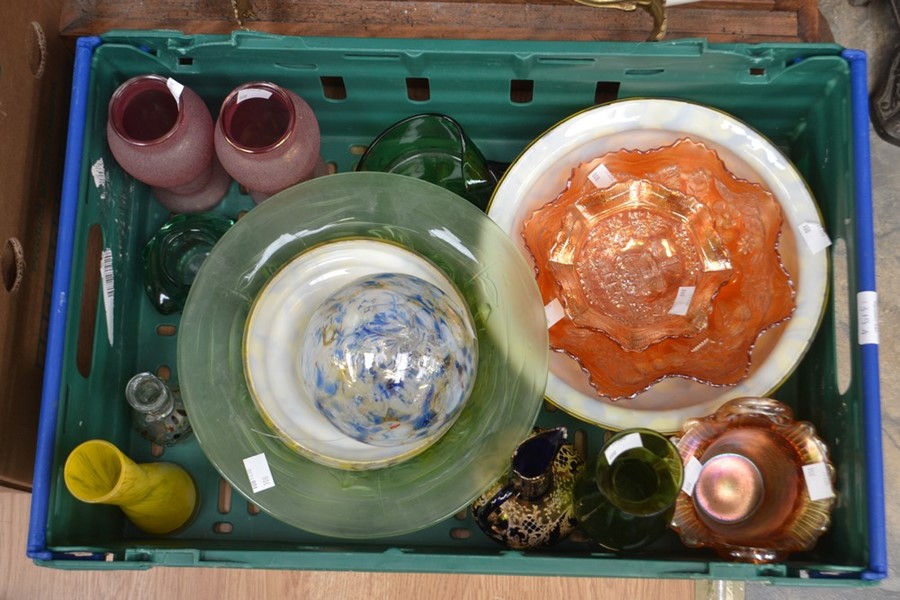 A collection of assorted glassware, including Lalique style green glass fruit bowl with reg no.