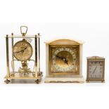 An Elliot alabaster-cased mantel clock, with gilt brass dial retailed by Cope of Nottingham, 15.