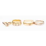 Four 9ct gold rings to include a wishbone set with a single round sapphire, along with a tri