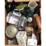Collection of mixed items including wooden boxes, bowls, battery mantle clocks, old glass bottles,