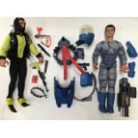 Action man figures, one with painted head (leg detached), all with accessories.