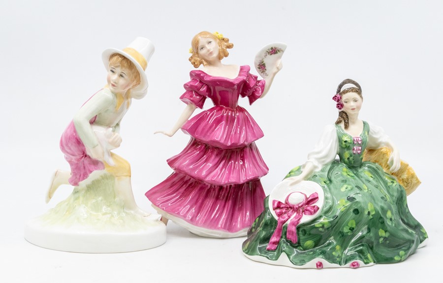 Three Royal Doulton figurines to include Jennifer, Elyse and Tom Tom the Pipers Son. Chip to one