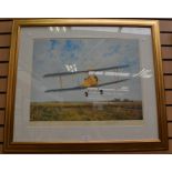 Signed print by Gerald Caulson, of a plane landing a Spitfire; a signed print by AC Rigby, along