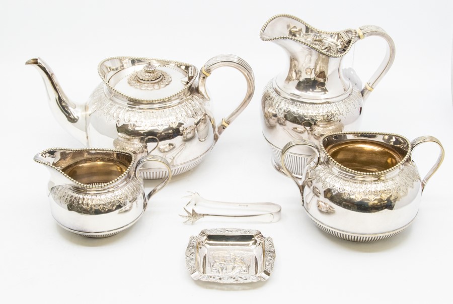 A Victorian style four piece Electro Plated tea service, beaded rims above acanthus leaf borders and