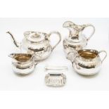 A Victorian style four piece Electro Plated tea service, beaded rims above acanthus leaf borders and