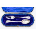 A Victorian silver Christening set including fork and spoon, engraved decoration, by John Rose,