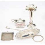 A group of silver to include: Victorian neo-classical style mustard pot and cover, red glass