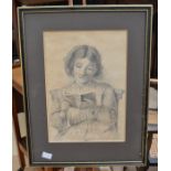 A collection of framed pencil drawings of cottages and churches, with two girl portraits, all 19th